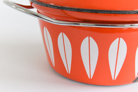 Vintage 1960s Arne Clausen for Cathrineholm Orange/Red and White Lotus Design Enamel Casserole Pan