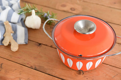Vintage 1960s Arne Clausen for Cathrineholm Orange/Red and White Lotus Design Enamel Casserole Pan