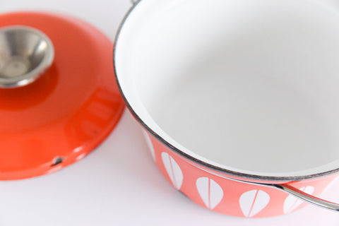 Vintage 1960s Arne Clausen for Cathrineholm Orange/Red and White Lotus Design Enamel Casserole Pan