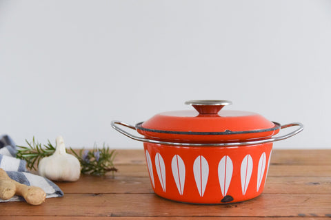 Vintage 1960s Arne Clausen for Cathrineholm Orange/Red and White Lotus Design Enamel Casserole Pan