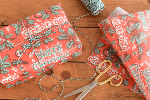 Vintage Original 1950s Red Pattered Christmas Wrapping Paper