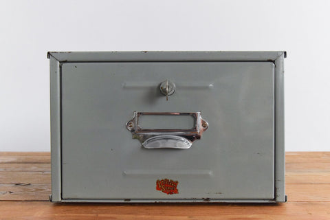 Vintage Grey Metal Filing Box Single Drawer Veteran Series