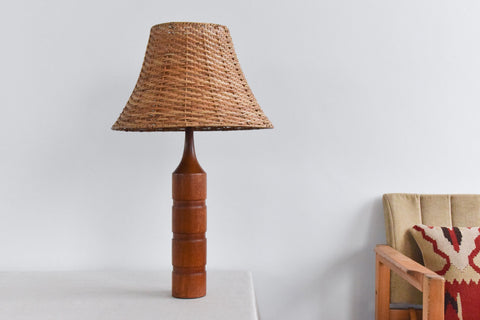 Vintage Teak Table Lamp with Rattan Shade