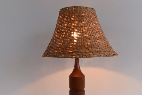 Vintage Teak Table Lamp with Rattan Shade