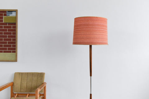 Vintage Teak Standing Lamp with Orange and Pink Wool Textured Shade