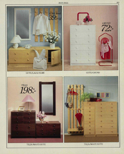 Scan from 1982 IKEA catalogue of red Grund / Järpen clothes vanity stand.