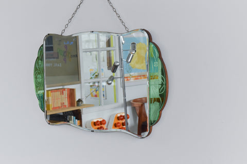 Vintage Green Art Deco Floral Cut Glass Frameless Mirror