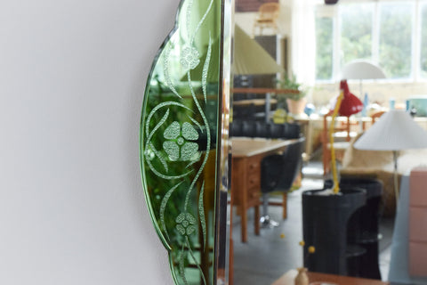 Vintage Green Art Deco Floral Cut Glass Frameless Mirror