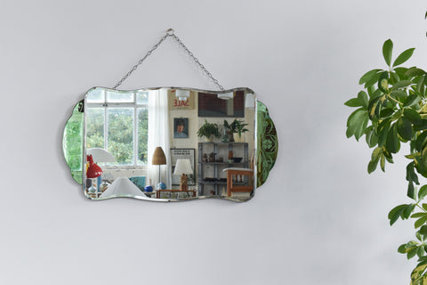 Vintage Green Art Deco Floral Cut Glass Frameless Mirror