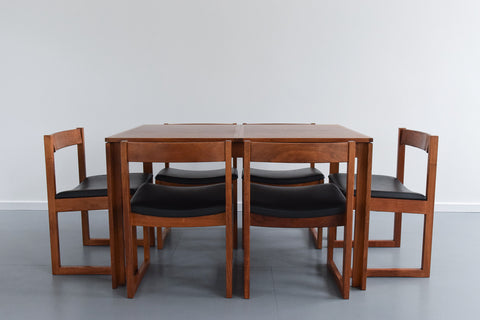 Rare Vintage Extending Dining Table and Six Chairs with Black Vinyl Upholstery by Ron Carter for Gordon Russell Farncombe Range