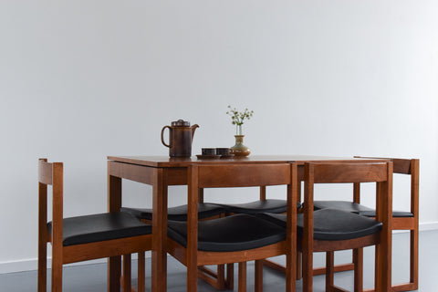 Rare Vintage Extending Dining Table and Six Chairs with Black Vinyl Upholstery by Ron Carter for Gordon Russell Farncombe Range