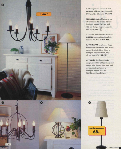 Scan from the 1999 IKEA catalogue showing the TRUBADUR black metal lamp base.