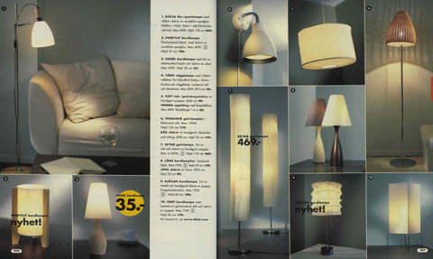 Scan from the 2000 IKEA catalogue showing the TRUBADUR lamp base and BÄK rattan lamp shade.