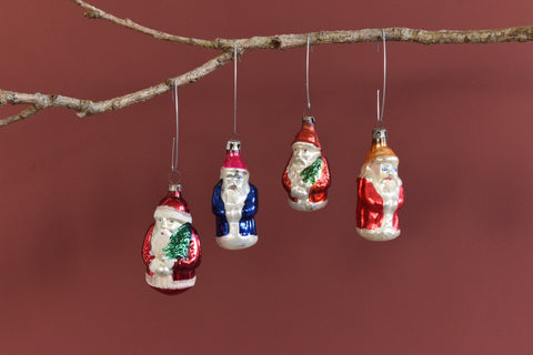 Vintage Set of 4 Glass Santa Christmas Tree Baubles / Ornaments