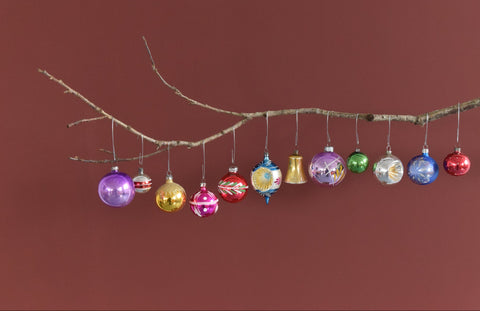 Vintage Glass Christmas Tree Baubles / Ornaments Set of 12 Boxed Assorted