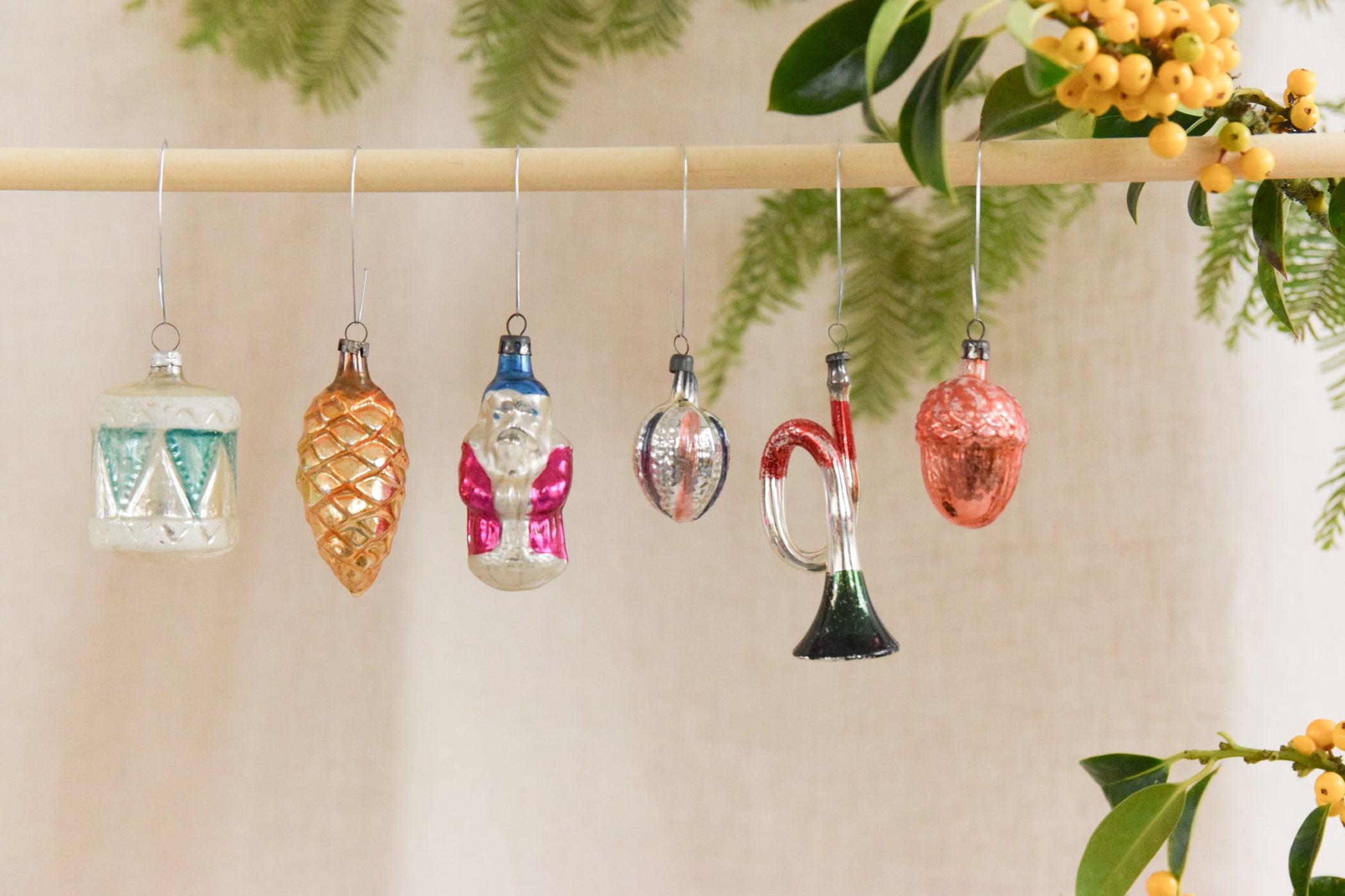 Vintage Glass Christmas Tree Baubles / Ornaments Set of 6 Novelty