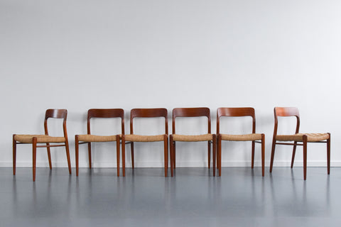 Vintage Set of Six 1960s Danish Teak Model 75 Dining Chairs by Niels Otto Møller for J.L. Møllers