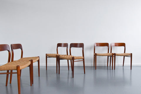 Vintage Set of Six 1960s Danish Teak Model 75 Dining Chairs by Niels Otto Møller for J.L. Møllers