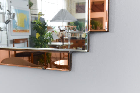 Vintage 1950s Art Deco Style Bevelled Mirror with Peach Glass