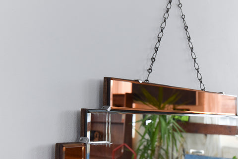 Vintage 1950s Art Deco Style Bevelled Mirror with Peach Glass