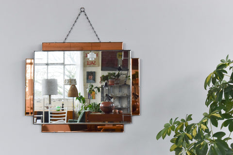 Vintage 1950s Art Deco Style Bevelled Mirror with Peach Glass