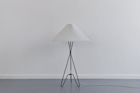 Vintage 1950s Small Wire Hair Pin Tripod Floor Lamp with White Pleated Shade