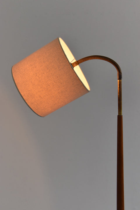 Vintage 1950s Teak and Brass Gooseneck Standing Floor Lamp