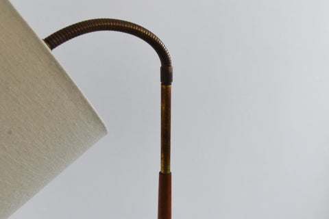 Vintage 1950s Teak and Brass Gooseneck Standing Floor Lamp