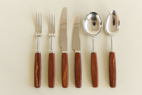Vintage 1960s 36 Piece Boxed Gloss Wood Cutlery Set by 'All Cut'