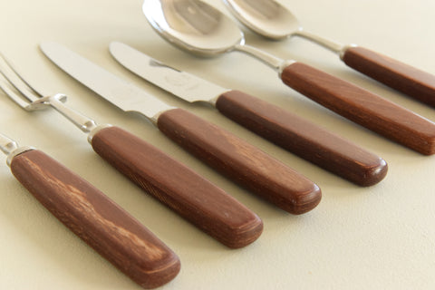 Vintage 1960s 36 Piece Boxed Gloss Wood Cutlery Set by 'All Cut'