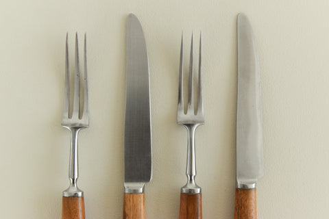 Vintage 1960s Four Piece Walnut & Stainless Steel Cutlery Pair by Mills Moore