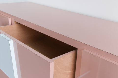 Vintage 1980s Pink and Blue Formica Sideboard / Chest of Drawers