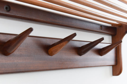 Vintage Afrormosia Wall Coat Rack with Parcel Shelf by John Herbert for A. Younger Ltd