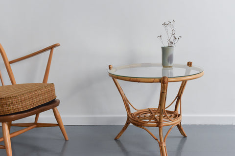 Vintage Bamboo and Glass Round Coffee Table with Shelf