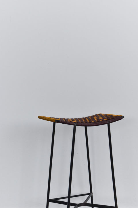 Vintage Black Metal Tubular Single Tall Bar Stool with Woven Top