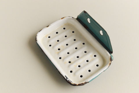 Vintage Blue and White Enamel Soap Dish with Wall Mount