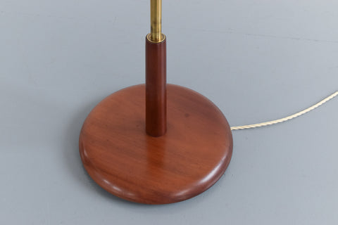 Vintage Teak and Brass Floor Lamp with New Pleated White Shade