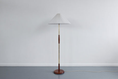 Vintage Teak and Brass Floor Lamp with New Pleated White Shade