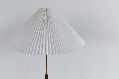 Vintage Teak and Brass Floor Lamp with New Pleated White Shade