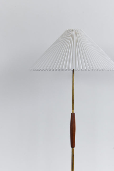 Vintage Teak and Brass Floor Lamp with New Pleated White Shade