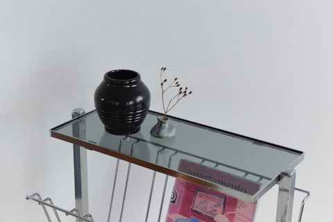 Vintage Chrome and Smoke Glass Magazine Rack / Coffee Table