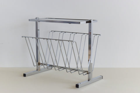 Vintage Chrome and Smoke Glass Magazine Rack / Coffee Table