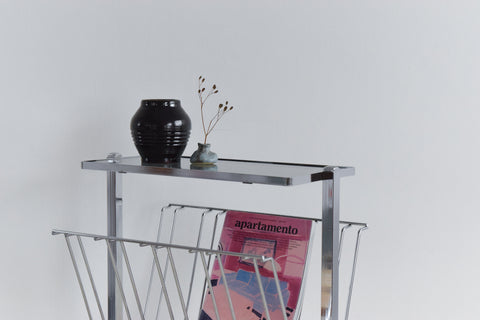Vintage Chrome and Smoke Glass Magazine Rack / Coffee Table