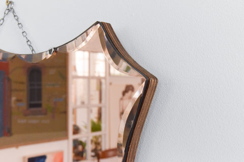 Vintage Copper / Rose Gold Frameless Art Deco Style Cut Glass Mirror