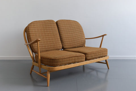 Vintage Ercol Windsor Back Bergere 2 Seater Settee Model No.203 with Original Wool Fabric