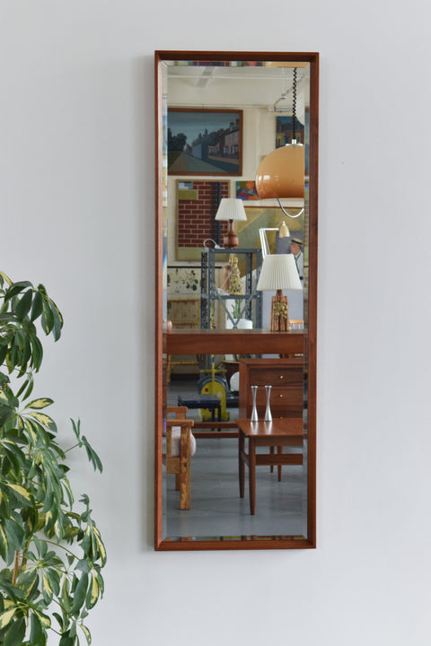 Vintage Extra Long Teak Framed Bevelled Wall Mirror