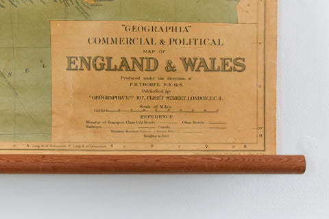 Vintage Geographia Wall Map of England and Wales by P. H. Thorpe