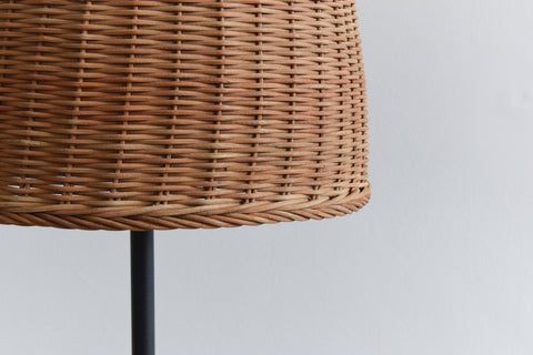 Vintage IKEA 'TRUBADUR' Metal Black Floor Lamp with 'BÄK' Rattan Lampshade