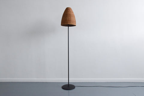 Vintage IKEA 'TRUBADUR' Metal Black Floor Lamp with 'BÄK' Rattan Lampshade