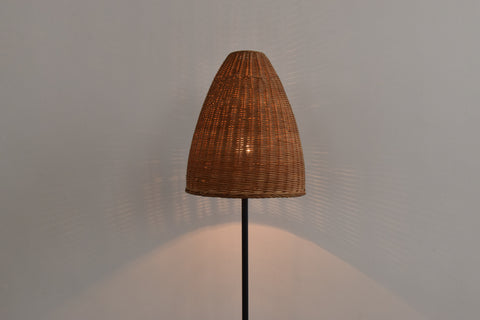 Vintage IKEA 'TRUBADUR' Metal Black Floor Lamp with 'BÄK' Rattan Lampshade